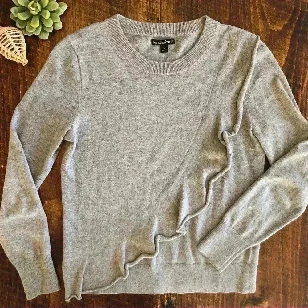 J. Crew | Mercantile - Gray Wool Blend Crewneck Sweater w/Diagonal Ruffle